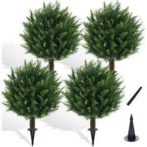 FZHCZWZX 16-inch Artificial Cedar Shrub Ball Trees with Ground Spikes for Balcony Outdoor Decorative Faux Flower Ornaments UV Protection PE Material Easy Installation Perfect for Garden Deck Home Patio Doorway Decor Plant Decoration Gifts Nature