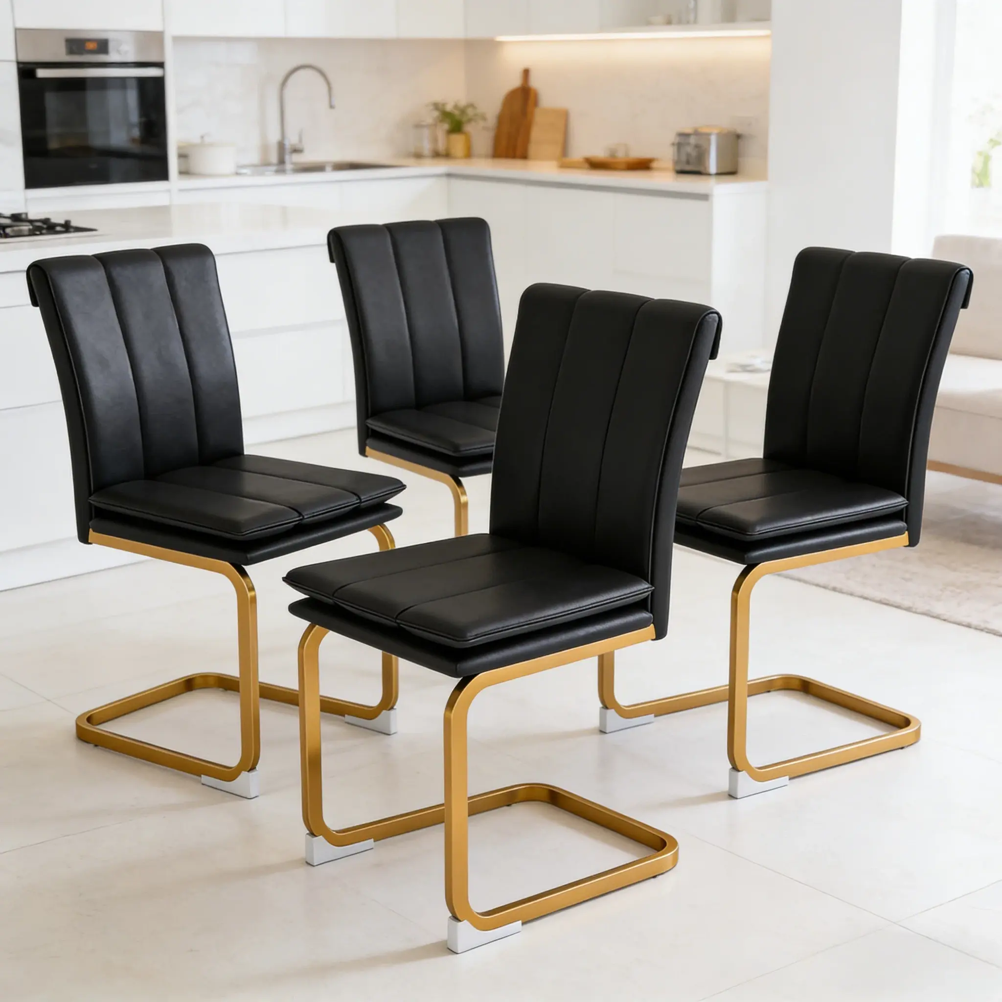 Black-Gold Armless Backless PU Leather Dining Chairs Set of 4, Durable Cantilever Metal Base Indoor Furniture, 330lbs Load-Bearing Easy-Assembly Required Chairs with Vertical Stitching for Dining Room, Kitchen