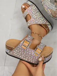 Women's Summer Fashion Thick Sole Sandals Boho Sandals Bohemian Ethnic Style Strappy Metal Buckle Height Increasing Holiday Beach Shoes Dopamine Colors Y2K Hot Girl Muhave Full Rhinestone Thick Sole Slides New 2026