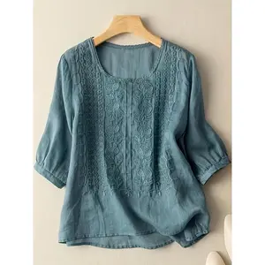 NewWomen's Soft Cotton Linen Embroidered T-Shirt - Breathable, Skin-Friendly in Various Colors and Sizes