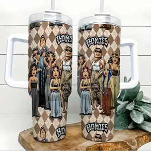 Homies Chicano Lowrider 40oz Insulated Tumbler with Handle and Straw, Vintage West Coast Homie Family Stainless Steel Water Bottle Travel Mug, Latino Street Culture Fan Gift for Teens Adults