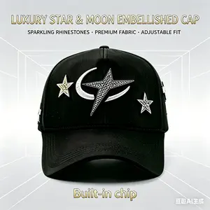 Diamond Star & Crescent Embroidery — Adjustable Baseball Cap. Features "Moon" embroidery and a specialized design for wearing a ponytail; a unisex accessory ideal for outdoor leisure, making it a perfect Valentine's Day gift. (Includes built-in chip.)