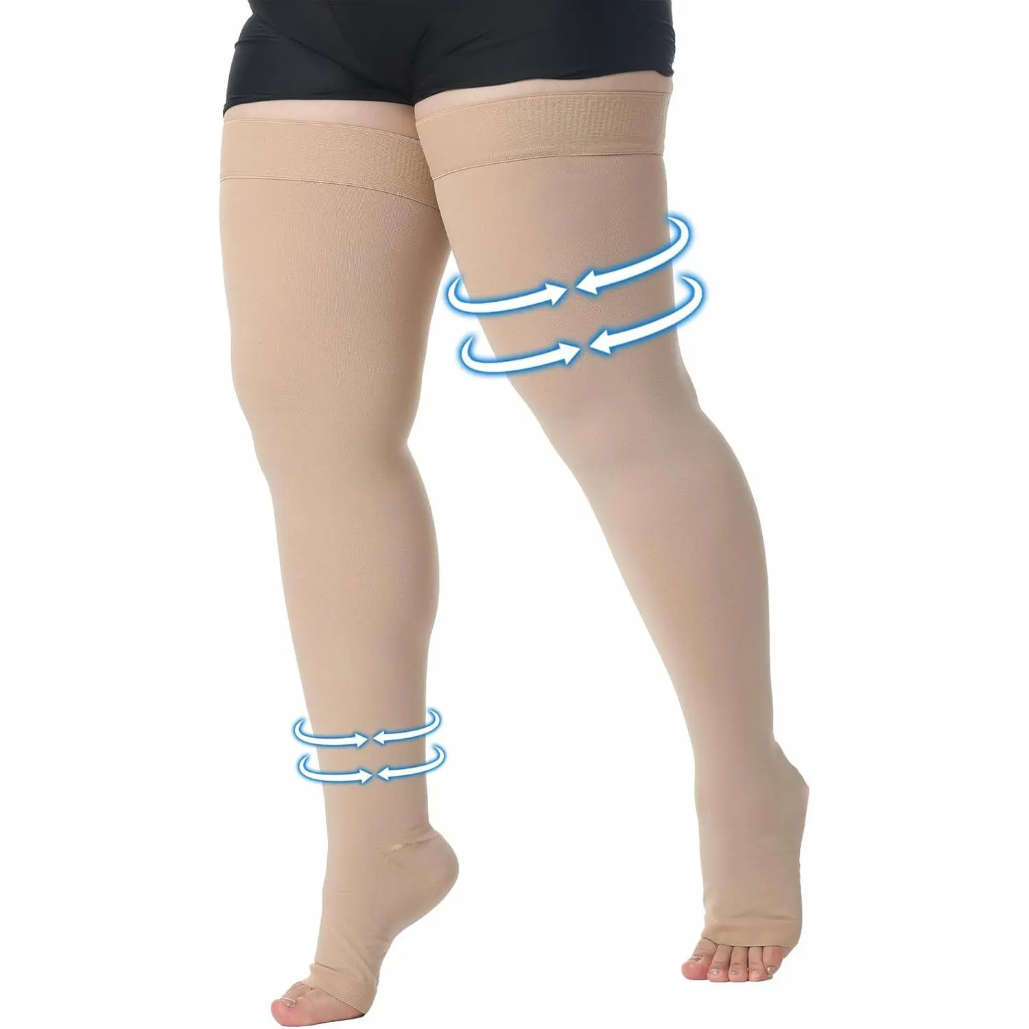 Plus Size 4XL Thigh High Compression Stockings Open Toe, Compression Socks for Women Men, 15-20 mmHg Graduated Compression Support Hose, Best for Varicose Veins, Edema, Flight, DVT, Swelling, Beige