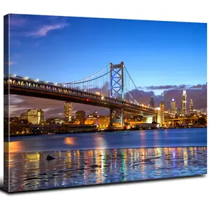Franklin Bridge Wall Art Dusk Night Philadelphia Skyline Wall Decor for Living Room USA City Picture Bedroom Downtown Cityscape Canvas Print Skyscraper Panoramic Artwork Bathroom Home Decoration