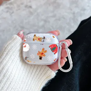 Snowy Christmas World Pattern Protective Case for AirPods 4/3/2/1/Pro/Pro2 Soft TPU Earphone Cover, Transparent with Keychain