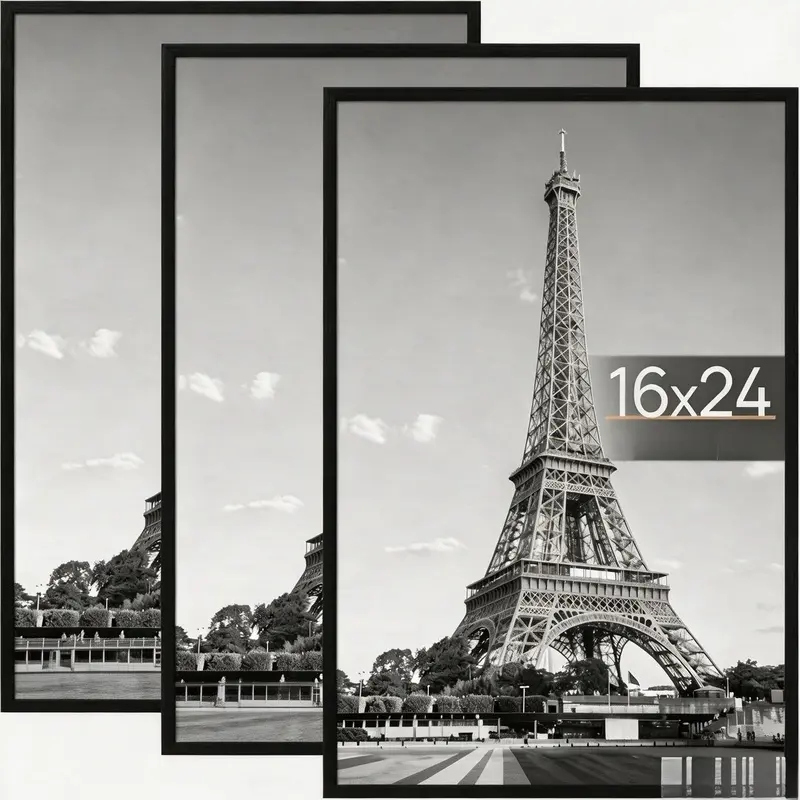 3 Pack 16x24 Black Poster Frames, Slide-In Picture Frames with Anti-Scratch HD Panel, Horizontal & Vertical Wall Mounting Photo Frames for Wall Art, Posters, Art Prints, Home Office Decor