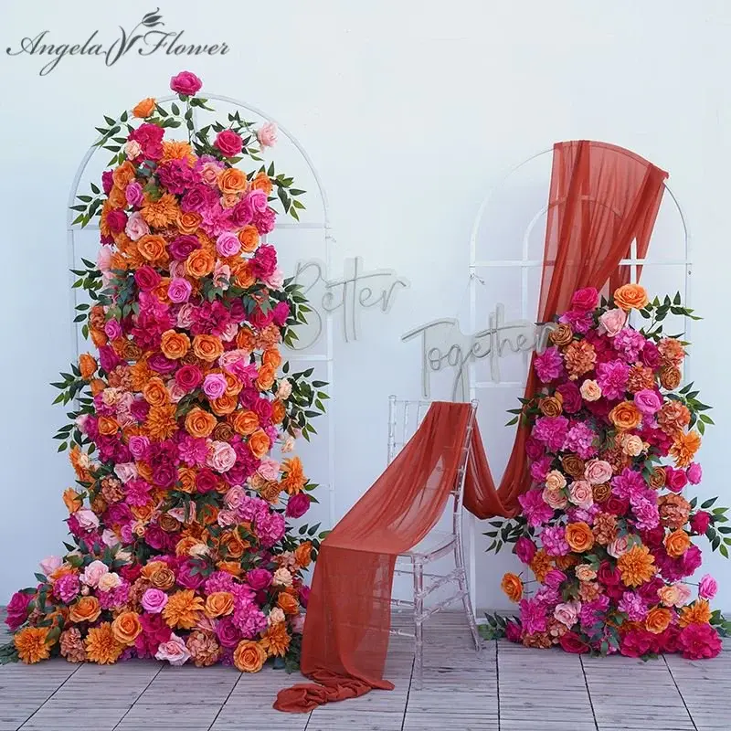 A8275 Silk Flower Arrangement, 120x70cm Flower Row, 2-Piece Hot Pink & Orange Rose Decor, Wedding Backdrop & Home KT Board Props