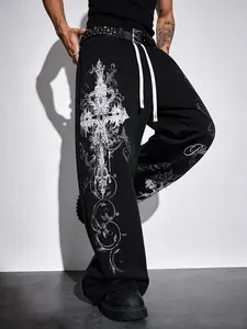 Unisex Gothic Cross Thorn Old English Script Print Oversized Wide Leg Sweatpants | Y2K Gothic Dark Grunge High Street American Retro Streetwear Trousers