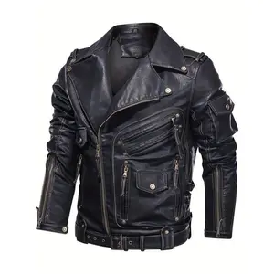 Men's Retro Biker Jacket - Stylish Black, Loose Fit, Durable Polyester, Multiple Zippers & Studded Details for Spring & Fall