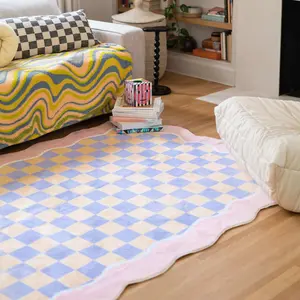 Wavy Edge Checkered Decorative Modern Area Rug for Living Room & Bedroom, Indoor Carpet, Easy Clean Sofa & Coffee Table Mat