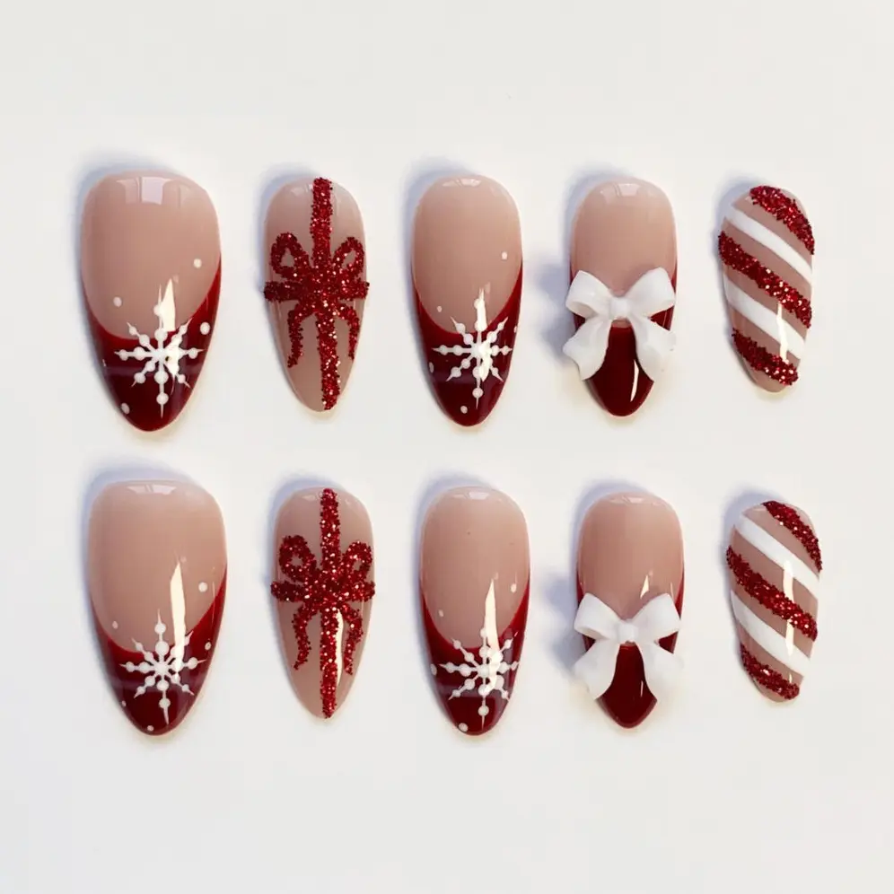 Christmas Nails/Burgundy Nails/Christmas Press on nails long almond nails/Snow Nails/Sparkle Nails/Bling Nails/Red Cat Eye Nails/Red Nails