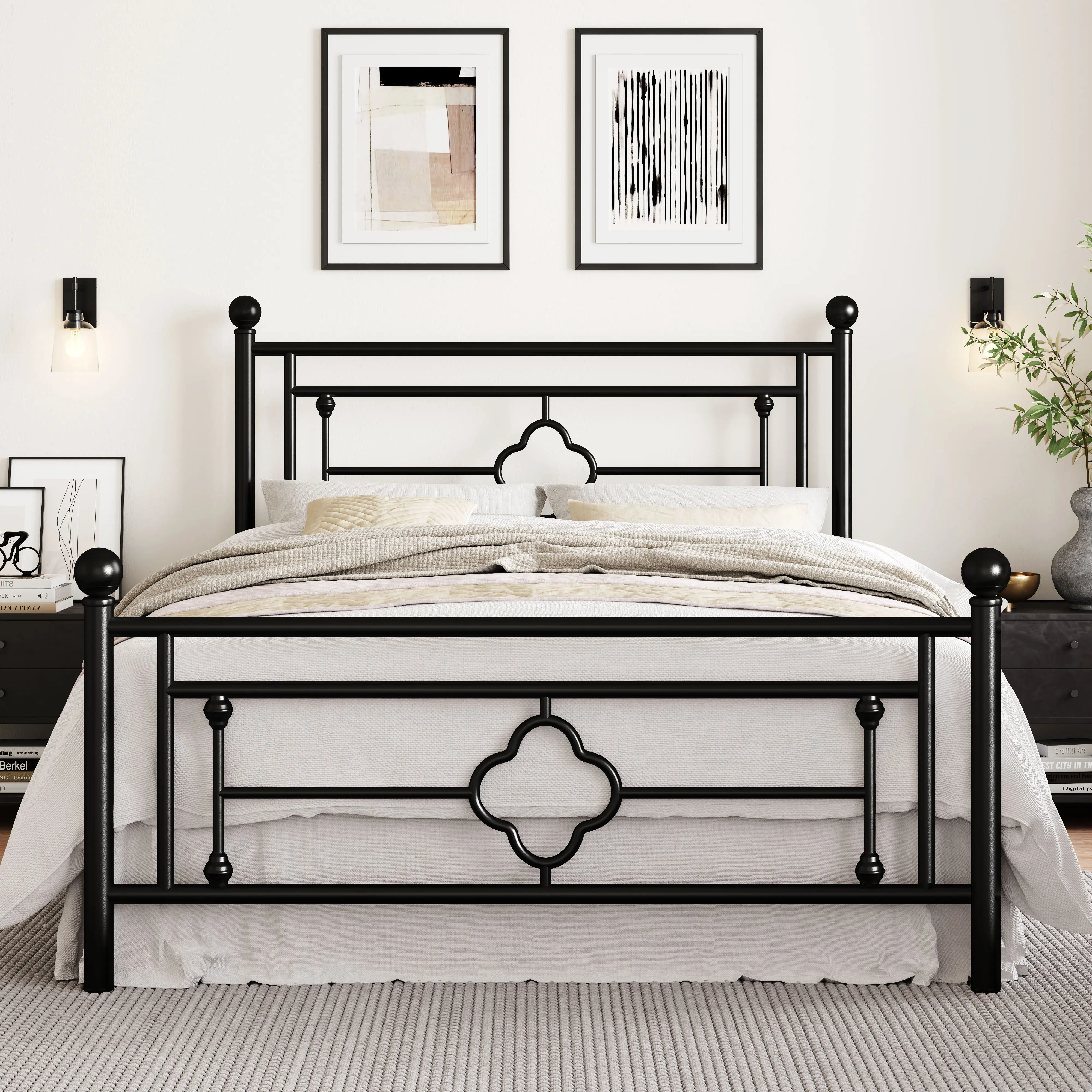 SHA CERLIN 14" Vintage Iron-Art Platform Bed Frame with Headboard & Footboard 【Frame Only No Mattress】Sturdy Frame Base with Storage/No Box Spring Nee