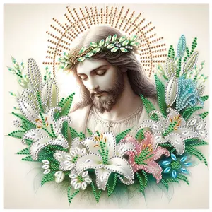 Jesus & Lily Pattern DIY Diamond Arts Colorful Painting Kit without Frame, 5D Special Shape Crystal Artificial Diamond Mosaic Handicraft for Beginners