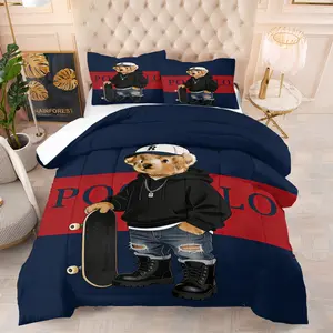 Teddy bear printed pattern bedding set, including 1 blanket and 1 or 2 pillowcases without pillowcases, soft children's or adult bedroom decoration gift, Soft bedding sets