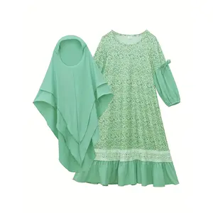 Girls 2pcs/set Loose & Comfy Muslim Ethnic Style Allover Flowers Pattern Dress & Hijab For Spring & Summer hijab  chic