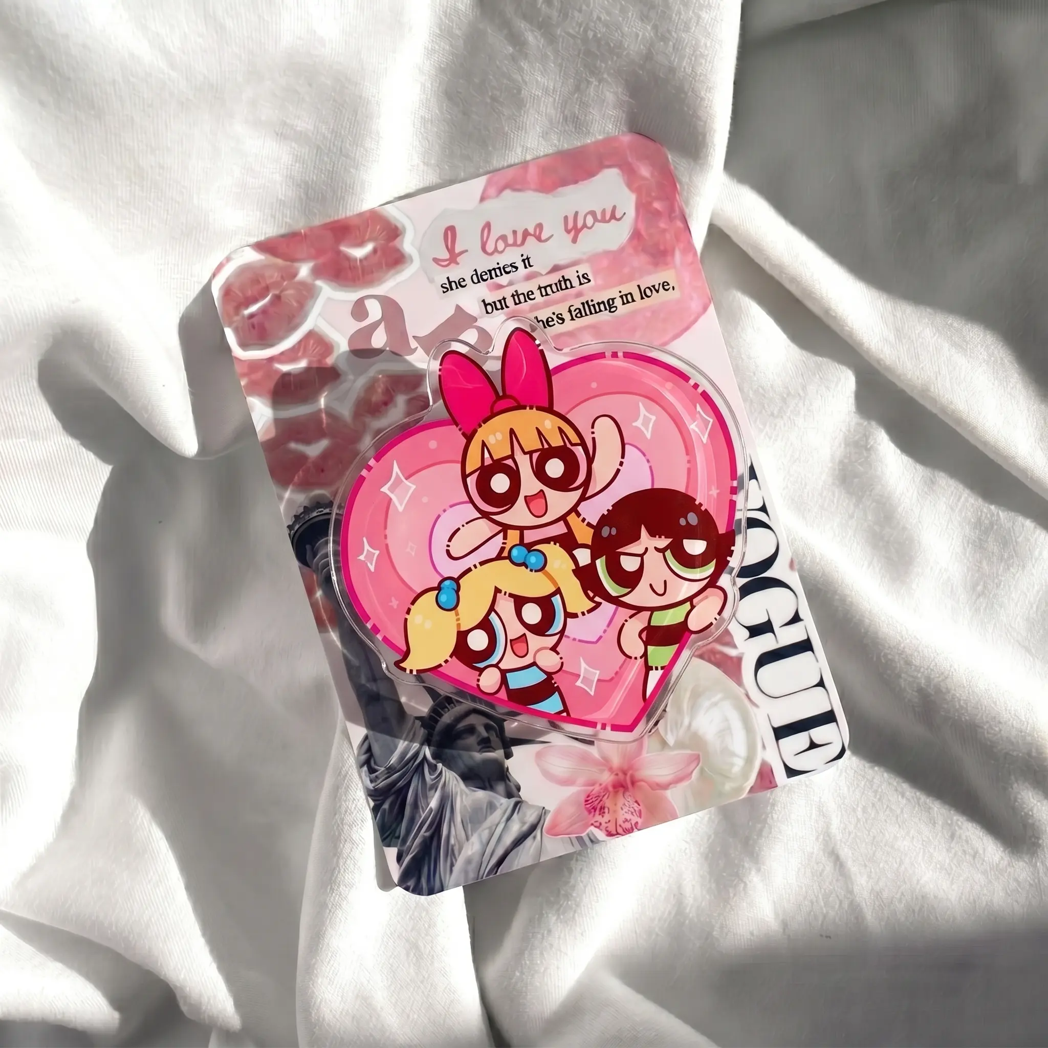 Cute Pink Heart Cartoon Girls Phone Grip | Y2K Aesthetic Power Trio Phone Stand | Sparkly Girly Superhero Cell Phone Holder | Trendy Expanding Finger Grip Loop Gift for Teen Girls