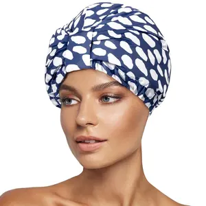 Luxury Shower Cap for Women  , Double Layered Shower Hair Cap with Adjustable Elastic Strap, Large Satin Lined Shower Bath Cap for Long Curly Straight Hair, Blue