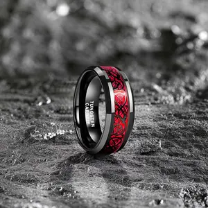Mens Promise Rings 8MM Black Tungsten Band With Red Opal Black Dragon Inlay Engagement Ring for Him
