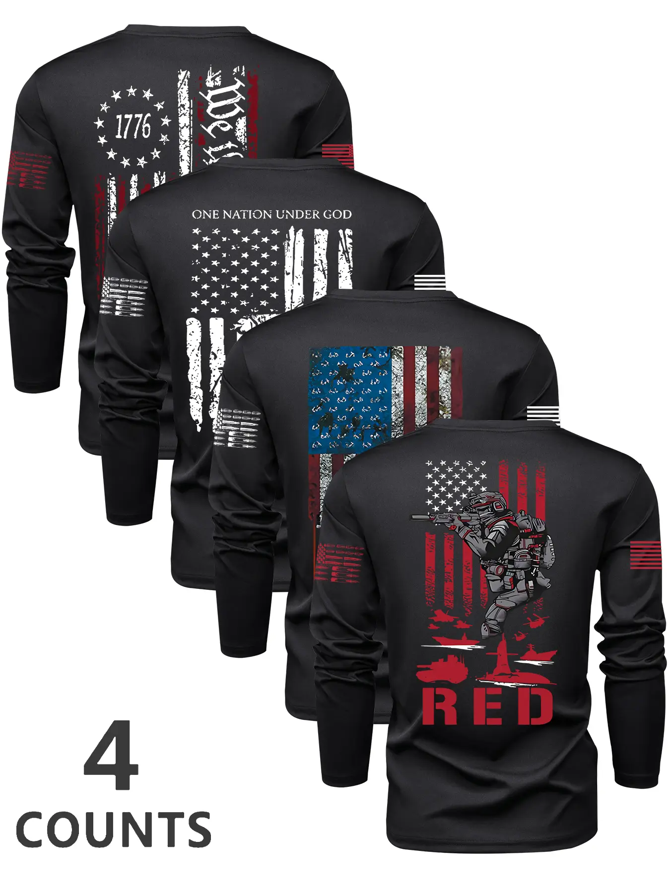 Men's Flag Series Graphic Crew Neck Long Sleeve T-Shirt Set, Casual Street Outdoor Pullover for Spring & Fall, Fitted Moderate Fabric, H Type Silhouette, Casual Clothing