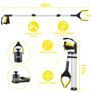 43 Inches Folding Grabber tool-Volmees Grab it Reaching Tool w/Anti-Drop Cord, Lightweight Trash Grabber Pickup Tool 360°Rotating Jaw +Magnets, Heavy Duty Foldable Grabber