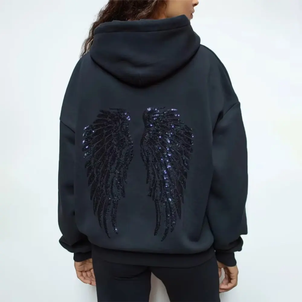 2026 Sequin Angel Wings Sports Sweatshirt For Women Y2k Oversize Solid Hooded Gothic Shinny Sequin Angel Wings Casual Pullover Hoodies Fit Style