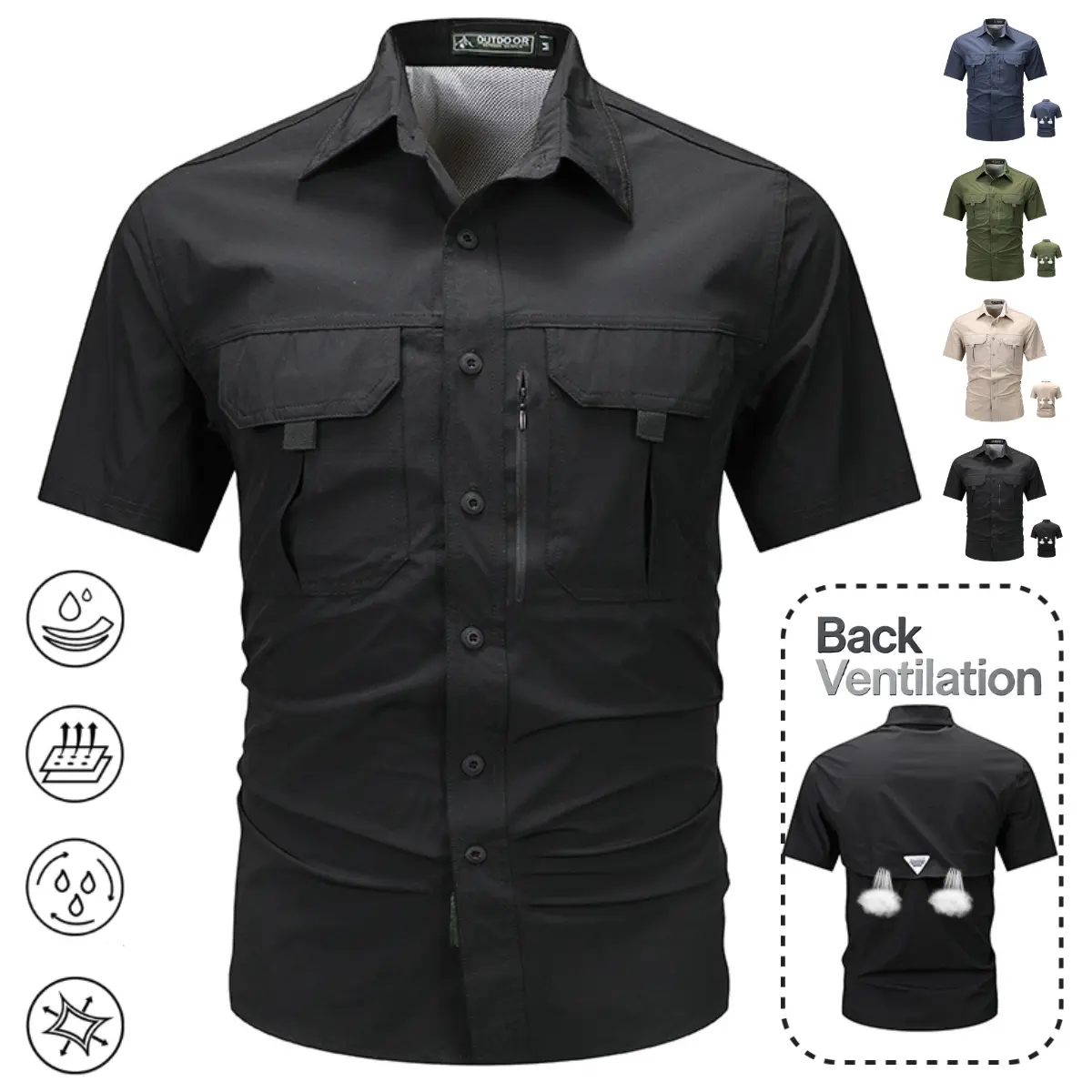 Men's Plain Black Shortsleeve Workwear Shirt - Multi-Pocket Functional Menswear Top with Workwear Meets Casual Ease for Outdoor Use