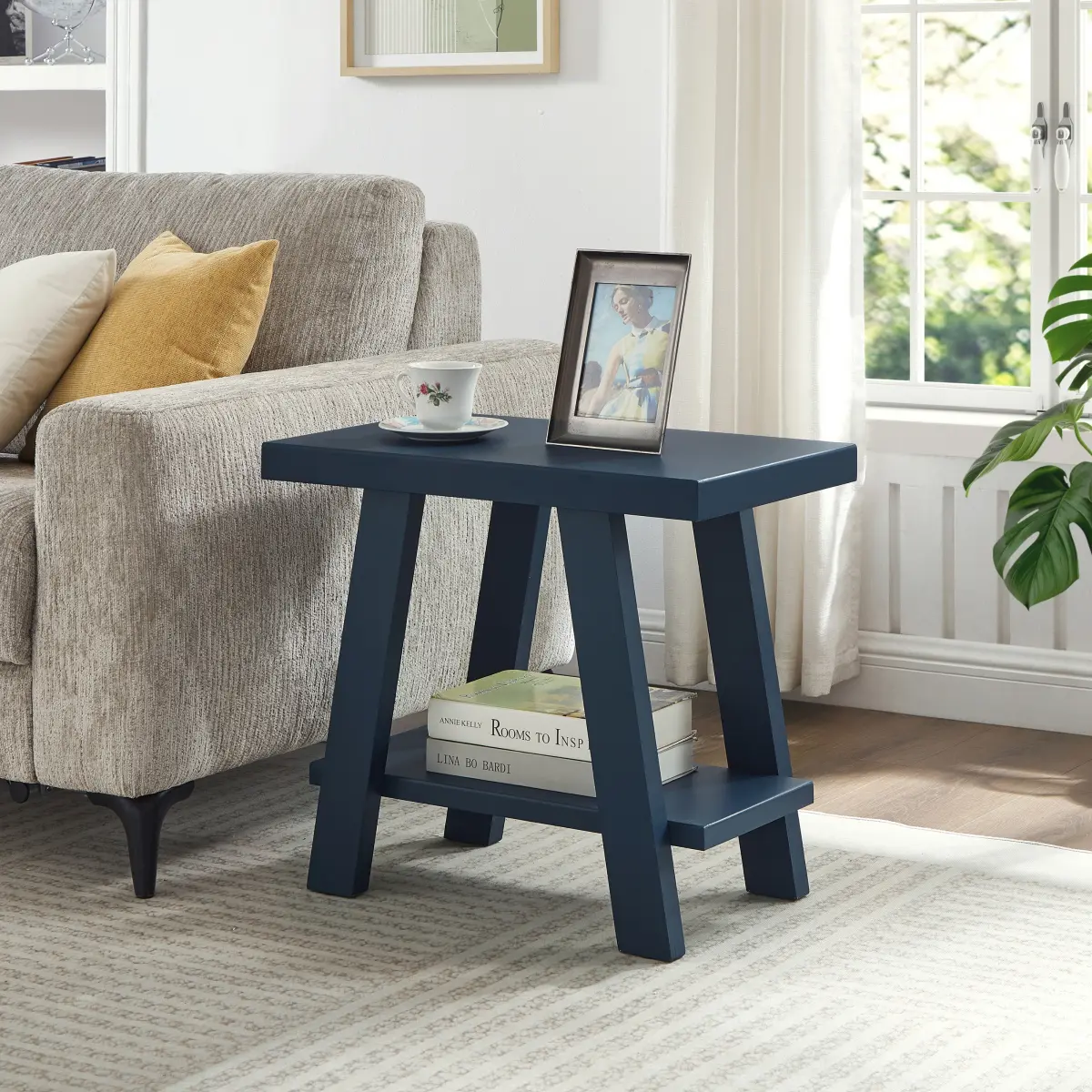 Navy Blue Contemporary Wood 2-Tier Assembled End Table - 23.5"w x 14"d x 22"h, Paper-Laminated Veneer, Collectibles Storage, Art & Crafts Tabletop, Athens-Inspired Indoor Furniture, Assembly Required Legs, Rustic