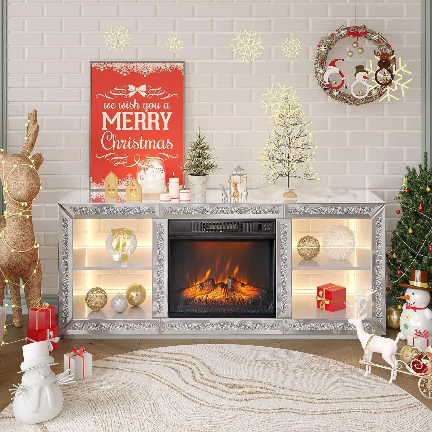 Karlhome Mirrored Fireplace TV Stand for 70" TV, Diamond Entertainment Center with Shelves ＆ 20 Color LED Lights, Media Console Table with 18'' Electric Fireplace for Living Room/Bedroom (Assembled)
