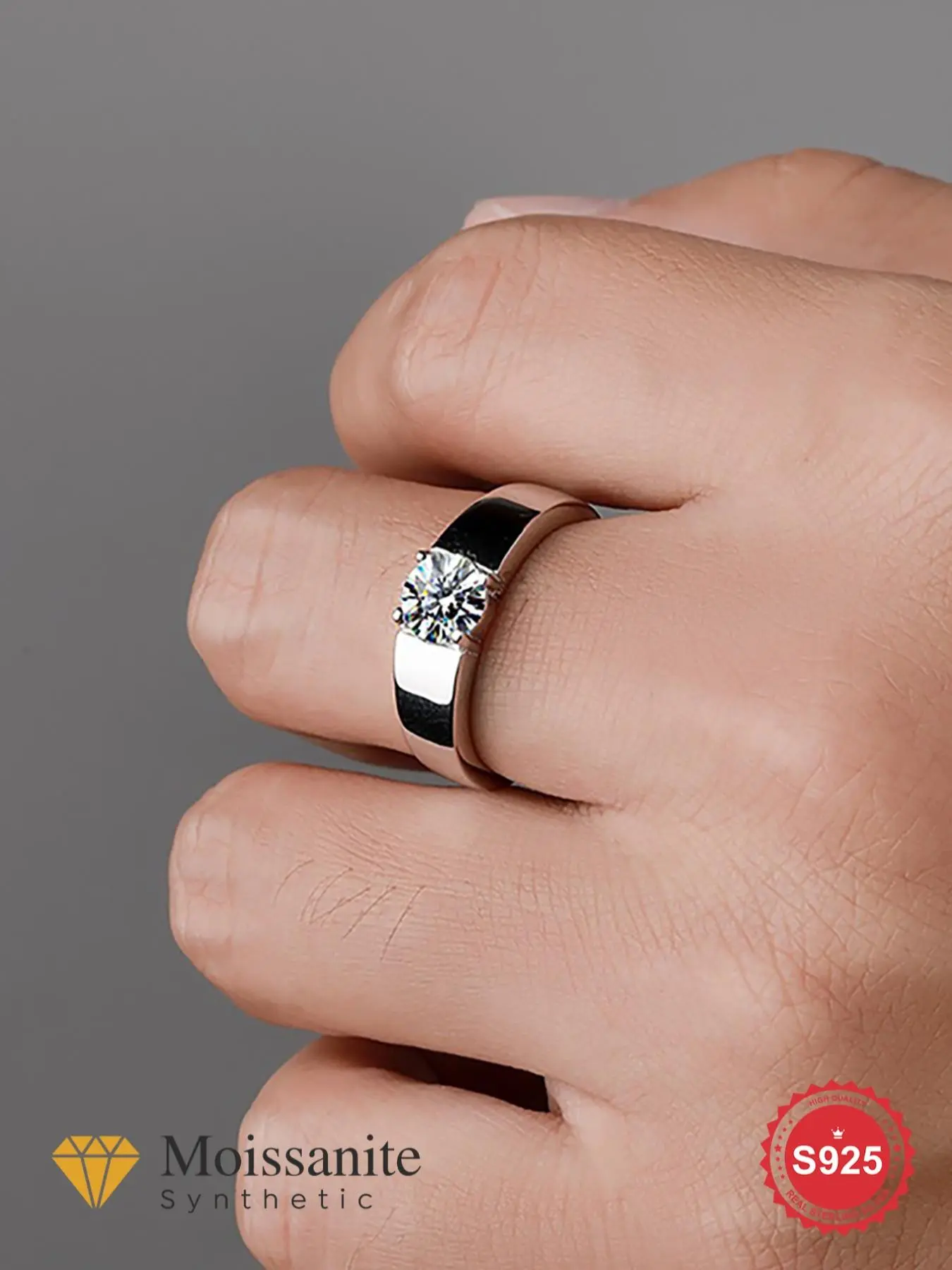 S925 Sterling Silver Men's Elegant Moissanite Solitaire Ring, Exquisite Trendy Ring, Fashion Engagement Rings, Beautiful Rings, Fashionable Jewelry Accessories for Men As Engagement & Wedding Ring Band