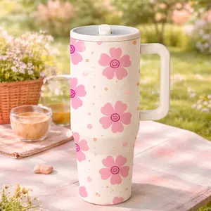 1 Pc insulated mug, Vacuum insulated flask, 40oz thermal mug, double wall vacuum cup, leak proof lid, keeps hot 12 hours cold 24 hours, large capacity skinny tumbler with handle, smiley flower design, aesthetic gift for women men, coffee tea travel mug