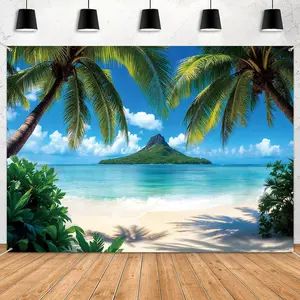Summer Beach Backdrop Decoration Hawaiian  Background Photo Banner Tropical   Seaside Party Decor Palm Trees Luau Birthday Banner 5x3ft