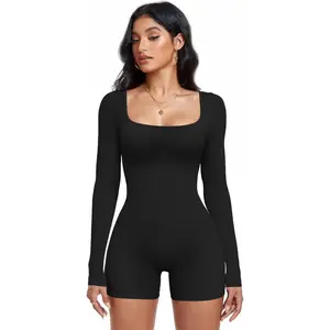 Women's Ribbed Seamless Nylon Blend Long Sleeve Bodycon Bodysuit - Square Neck, Tummy Control, Backless, Breathable Knit, Full Length Activewear Clothing for Yoga & Fitness, Long Sleeve Bodysuits