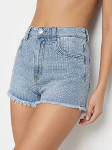 Women's Fashion Full Rhinestones High Stretch High Waist Straight Cut Shorts Stylish Glamorous Design Comfortable Fit Versatile Wear