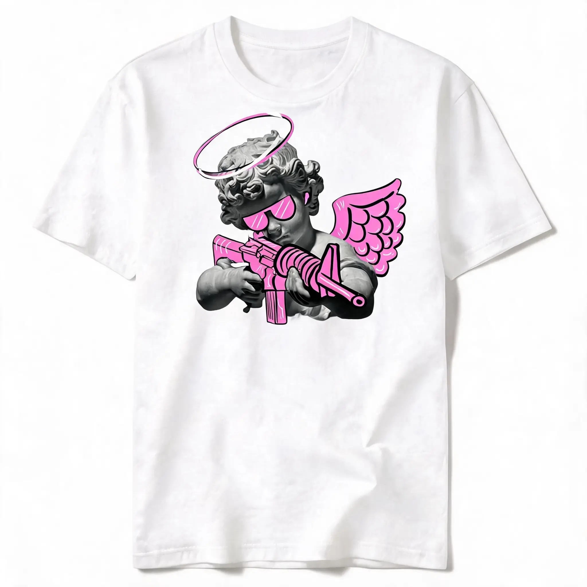 Men's Classic Aesthetic Short-Sleeve Neon Pink Cherub Angel Graphic T-Shirt, 100% Cotton Edgy Street Style Urban Hip Hop Casual Sports Top, Shortsleeve