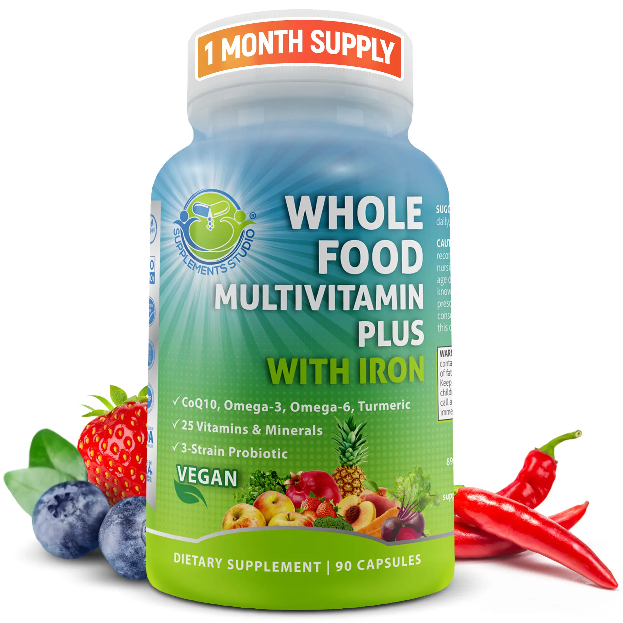 SUPPLEMENTS STUDIO Whole Food Multivitamin with Iron for Women & Men - Vegan Multivitamin with Methylated B Vitamins, Probiotics, Made with Fruits & Vegetables - Supports Energy & Gut Health - Easy to Swallow