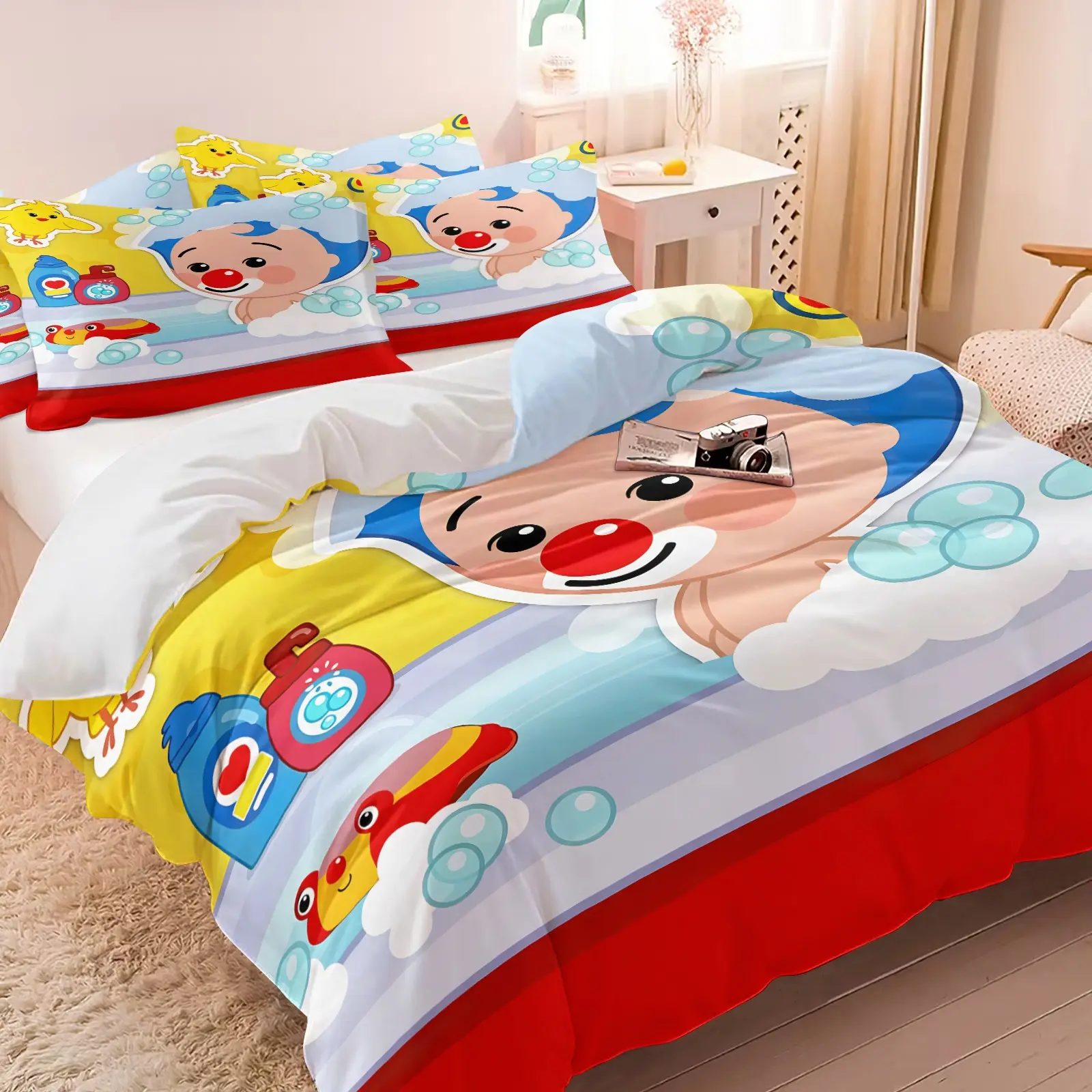 Plim Plim Bath Time Duvet Cover Set (1 Duvet + 1/2 Pillowcases, No Core), Soft All-Season Fabric, Easy Care, Cute Clown Character Bubble Print Bedding for Toddlers Bedroom & Nursery Decor, Cute Design, Soft Warm Bedding, Washable Bedding Supplies