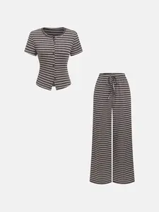 Women's 2-Piece Wide Leg Pants and Short Sleeve Striped Set, Casual Outfit Set Spring Fall Long Sleeve Knit Cardigan, Perfect for Comfort and Style