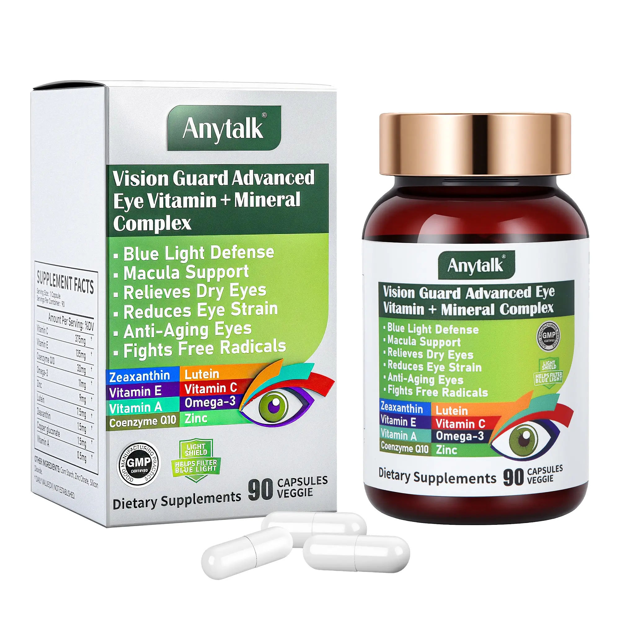 Anytalk Eye Antioxidant Vitamin & Mineral Supplements - with Animal Ketone, Zeaxanthin, Lutein - 90-Count Capsules for Eye Health Support, Anti-Oxidants