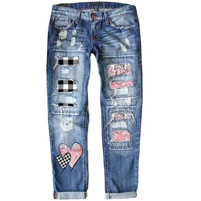 Women's 2026 New Washed Checkered Streetwear Jeans - Ripped Blush Pink Heart & Black-White Print, Mid-Rise Straight Casual, Soft Fabric, Functional Pocket, Valentine's Day Style, Bottom, Button, Comfortable, Denim, Checkerboard