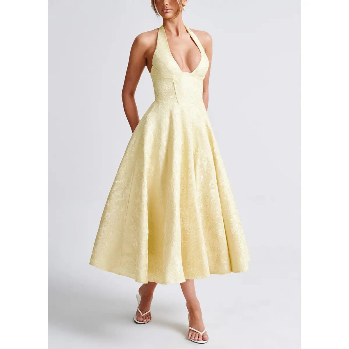 Women's Chic Basic Formal Halter Dress - V-Neck, Sleeveless, Thin-Strap, Backless, Jacquard, Waist-Cinching Clothes for Formal Wedding Guests, Spring-Summer Evening Wear, Wedding Dresses Guest, Dresses Womenswear