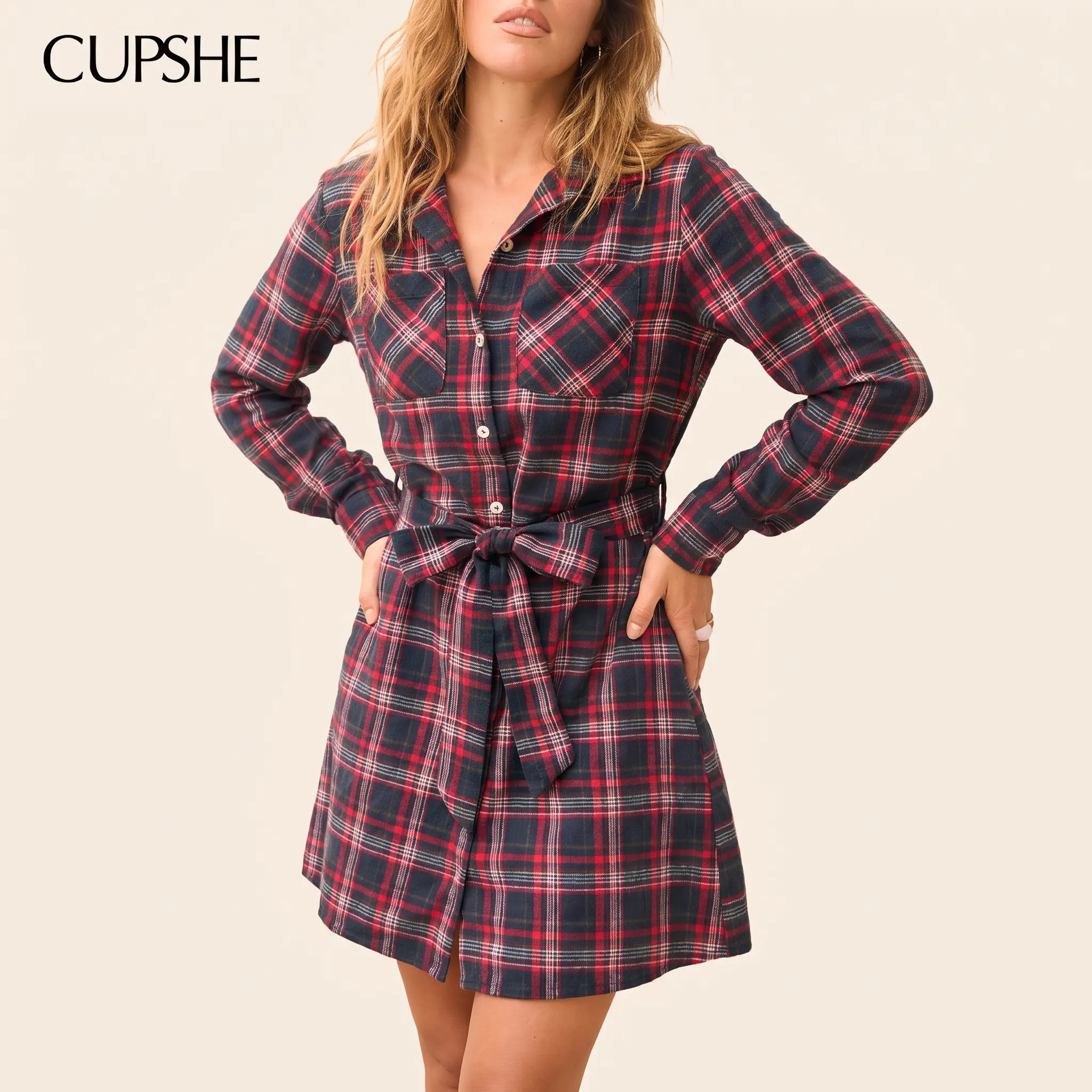 CUPSHE Women's Plaid Long Sleeve Shirt Dress, Collared Button Front, 2 Chest Pockets, Tie Belt Waist, Tartan Woven Fabric, Fall Casual, Plaid Pattern Womenswear#SohoChic