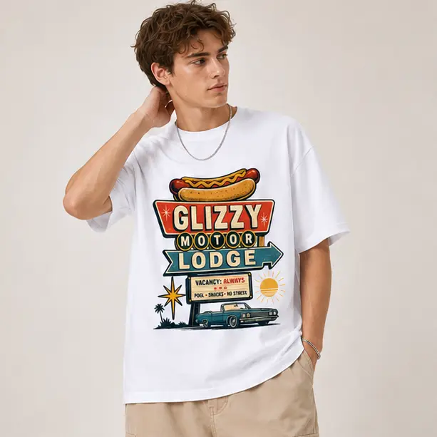 Glizzy Motor Lodge Vintage Roadside Sign Graphic T-Shirt, Retro Hot Rod & Hot Dog Americana Streetwear Tee For Men Women, Casual, Cotton