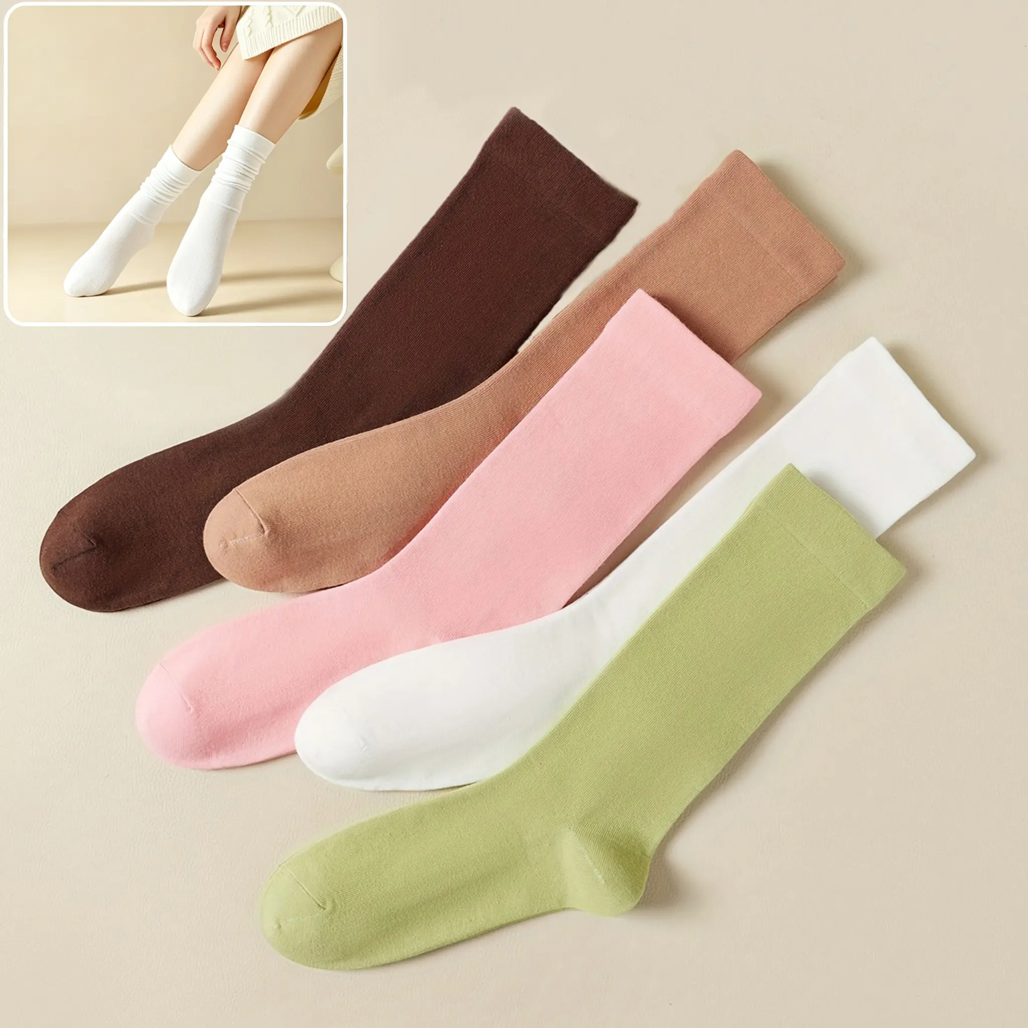 5 Pairs Women's Solid Color Slouch Crew Socks, Soft Breathable Cotton Calf High Stackable Socks, Stretchy Casual Daily Fashion Mid Calf Socks for Dress Shoes, Skirts and Daily Outfits
