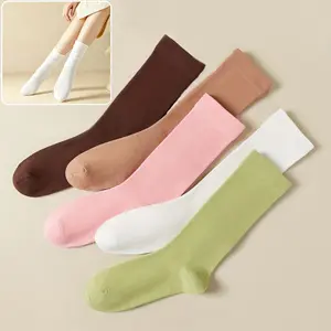 5 Pairs Women's Solid Color Slouch Crew Socks, Soft Breathable Cotton Calf High Stackable Socks, Stretchy Casual Daily Fashion Mid Calf Socks for Dress Shoes, Skirts and Daily Outfits