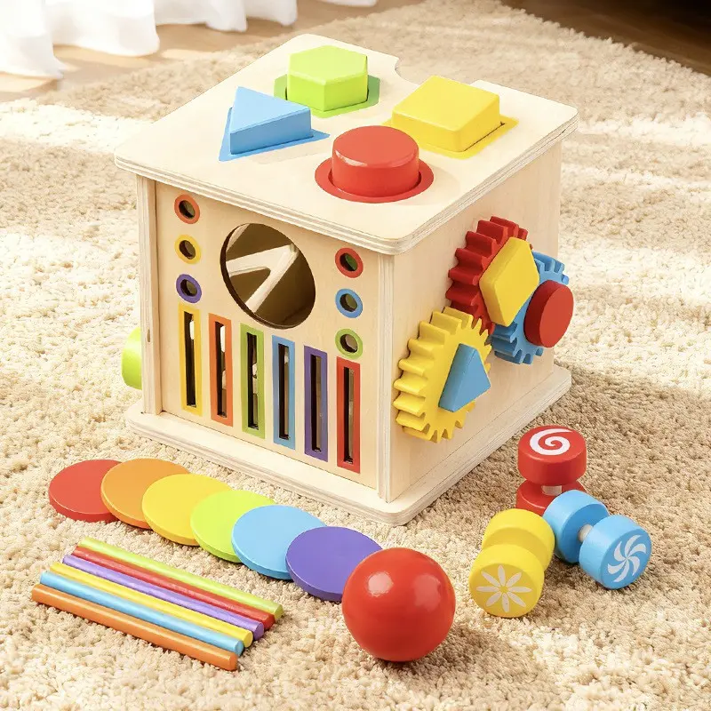 Wooden Multi-Functional Shape Sorter Sorting Puzzle Toy, Eight-In-One Intelligence Box Color Matching Fine Motor Skills Hand-Eye Coordination Gift