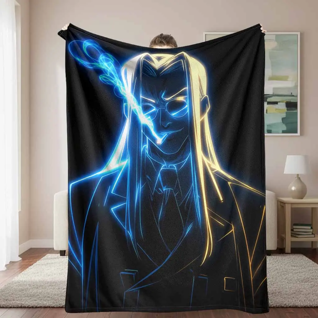 Neon Anime Gentleman Flannel Throw Blankets, Blue Glow Portrait Print, Soft Warm Lightweight Cozy Throw for Sofa, Birthday Gift for Anime Enthusiasts