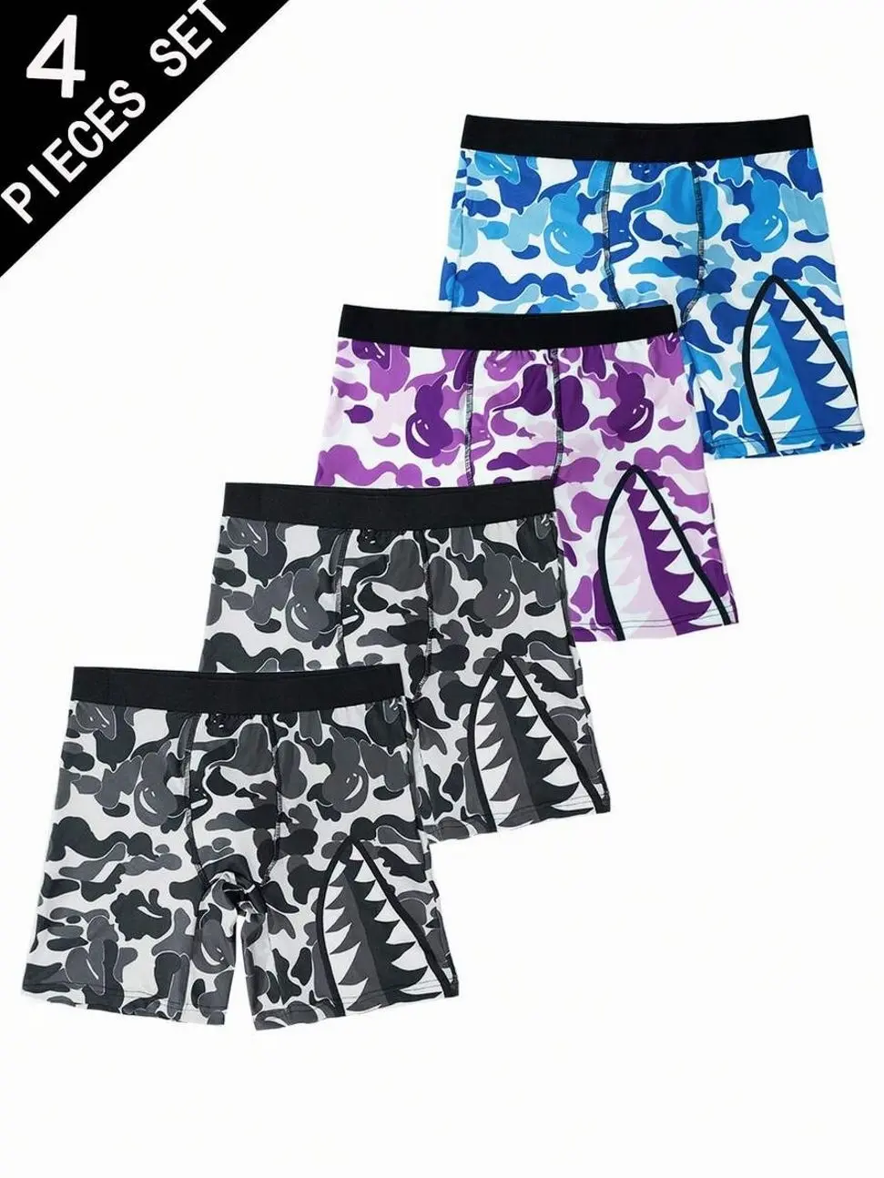 4 Pack Men's Camouflage Shark Teeth Boxer Briefs - Quick-Dry Sports Underwear for Gifts