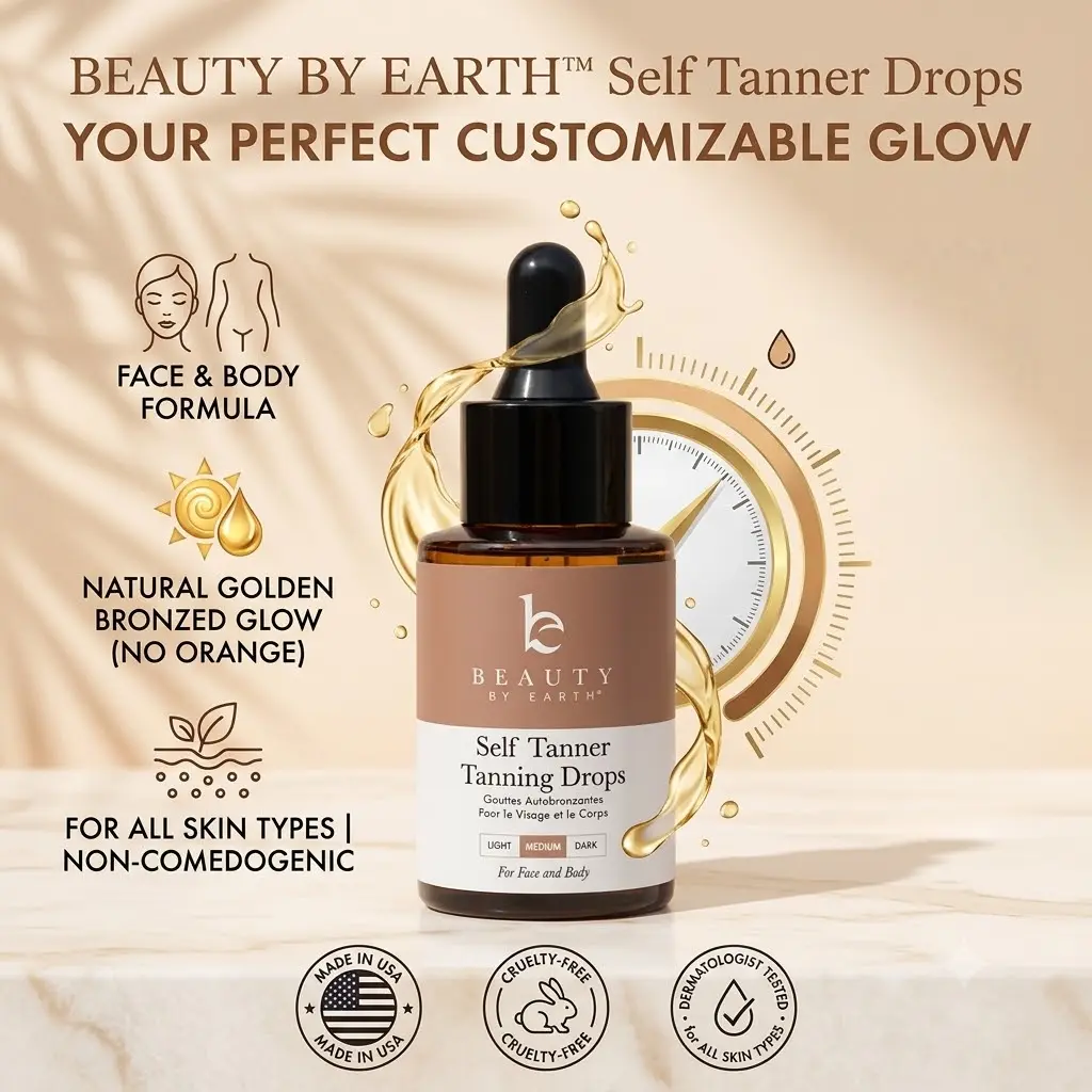 Beauty by Earth Self Tanner Drops - Customizable Sunless Tanning Drops for Face & Body, Golden Natural Bronzed Glow, Made in USA, Cruelty-Free for All Skin Types