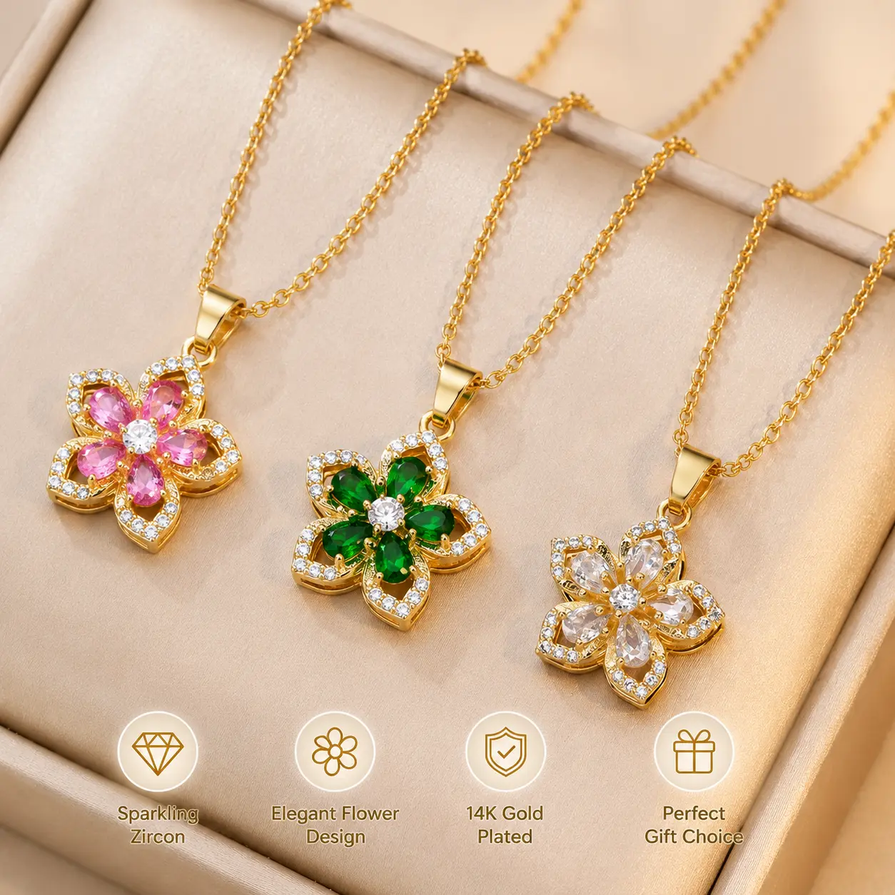 CZ Flower Pendant Necklace for Women, 14K Gold Plated Floral Necklace with Sparkling Zircon Stones, Elegant Dainty Jewelry Gift for Her
