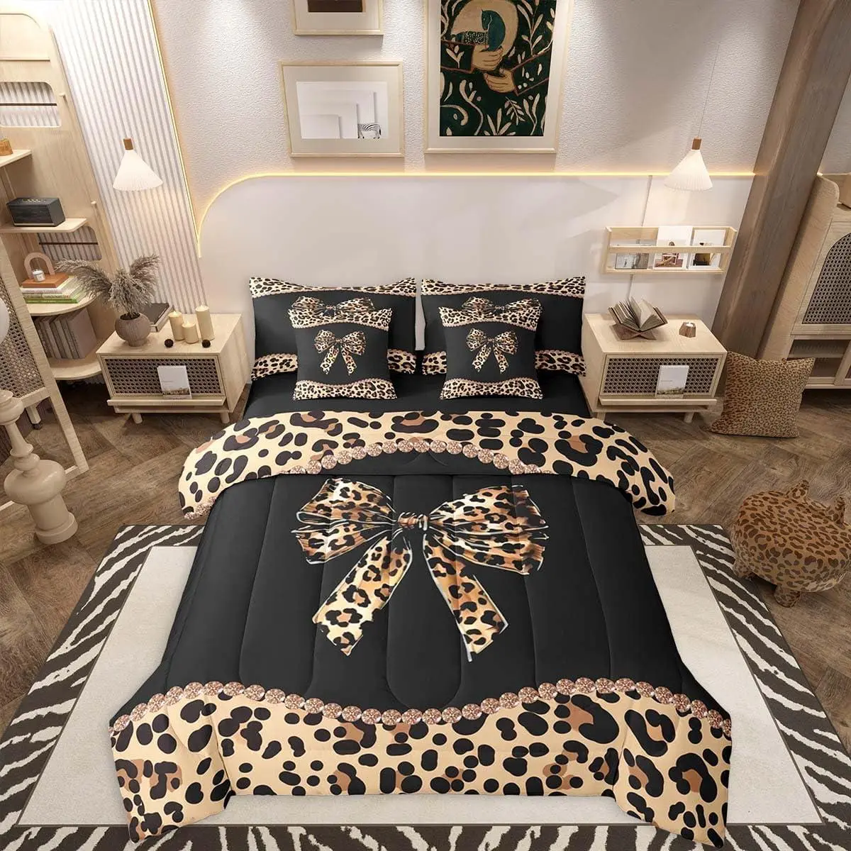 Feelyou African Cheetah Bow Bed Comforter Bedding Set - Queen Size 7-Piece Queen Bedding Set, Brown Black Modern Fashion Design, Leopard Coquette Bow for Women, Soft Textiles & Linens, Queen Bedding Sets